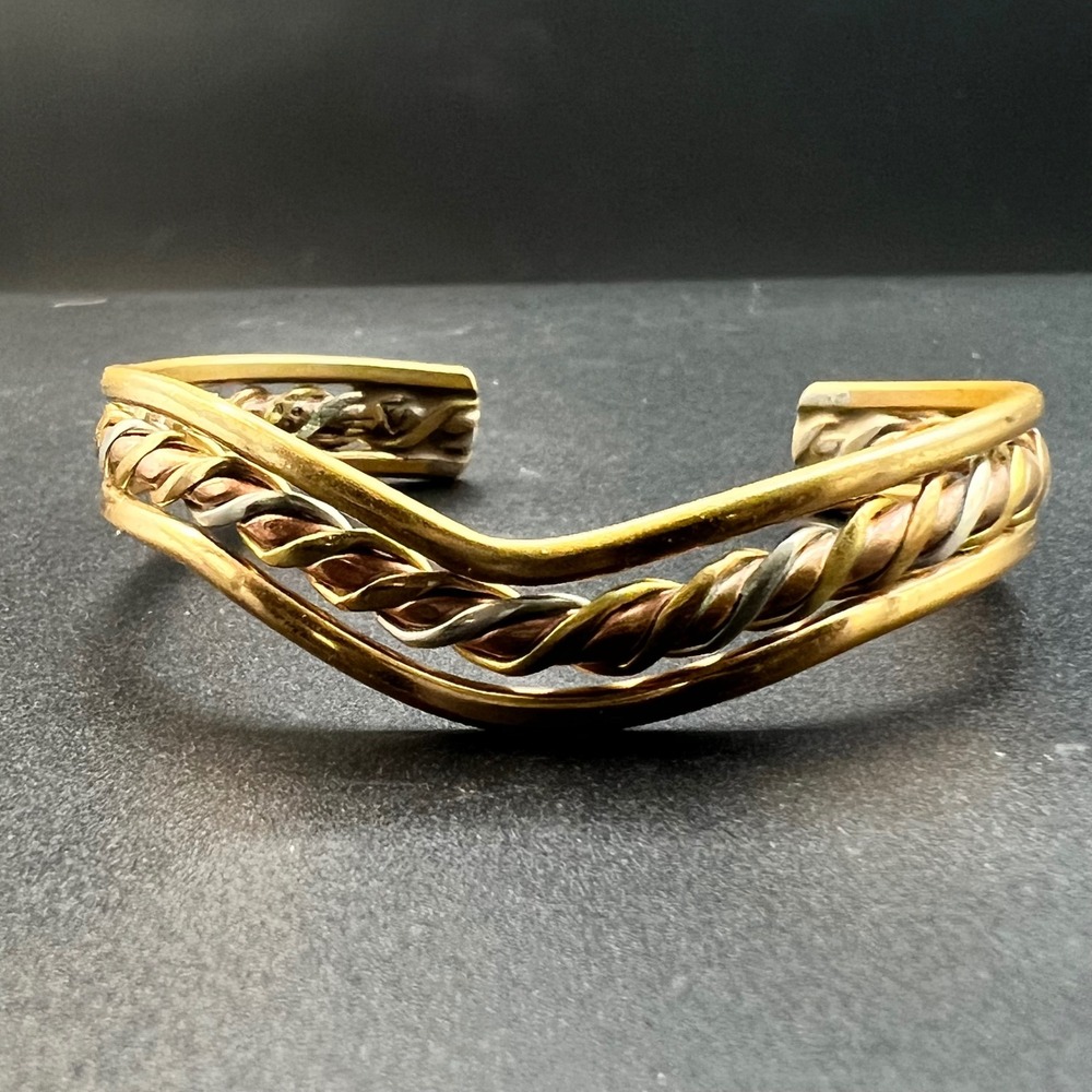 Mixed Metal Wavy Twisted Cuff Bracelet OS Gold EX